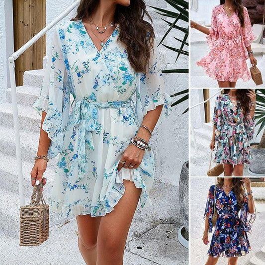 Cheky - Summer Floral Print Short Sleeves Dress Lace Up Ruffles Design Fashion V-neck Short Dresses Womens Clothing