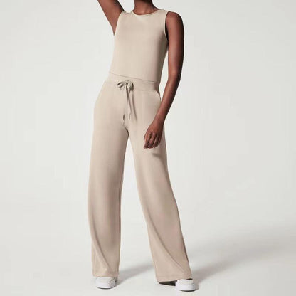 Cheky - Solid Color Jumpsuit Sleeveless Tops Tie Elastic Pants Romper