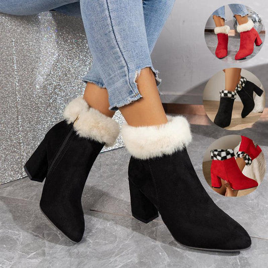 Cheky - New Plaid Print Plush Ankle Boots Winter Fashoin Square Heel Suede Boots Women Casual Versatile Shoes Autumn And Winter