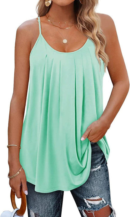 Cheky - Women's Summer Vest Pleated Spaghetti Strap Tank Top