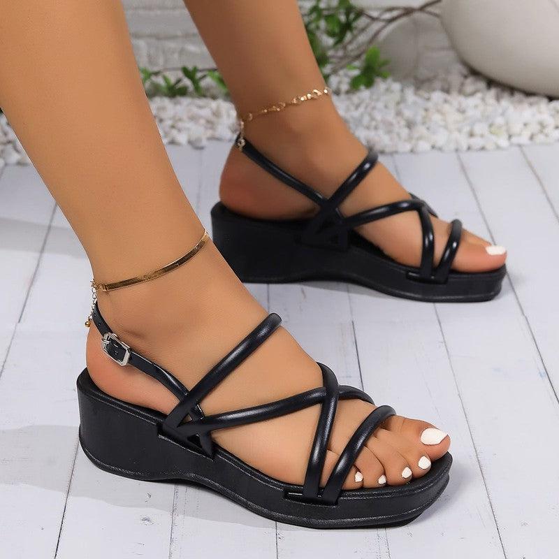 Cheky - Summer Roman Sandals For Women Versatile Open-toe Thick-soled Beach Shoes Retro Cross-strap Wedges Sandals