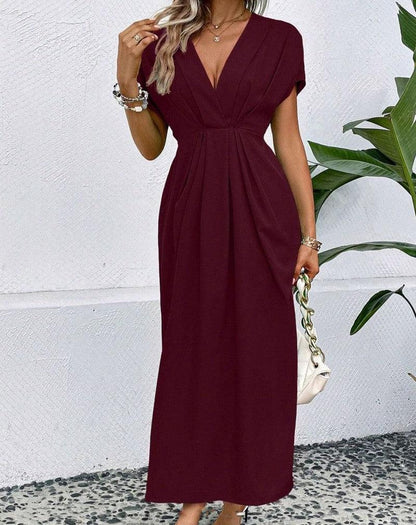 Cheky - Solid Color Deep V Shoulder Sleeve Folding Elastic Waist Long Dress