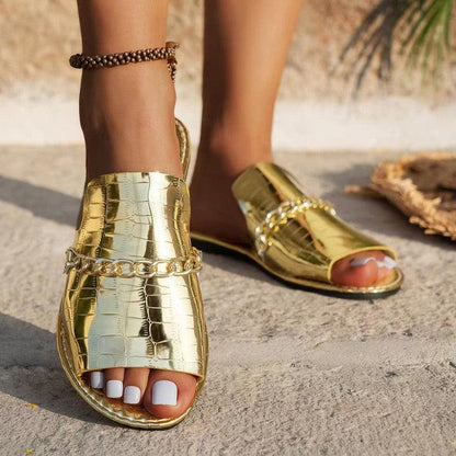 Cheky - Pattern Chains Sandals Summer Fish Mouth Flat Slides Shoes Women Casual Vacation Beach Slippers