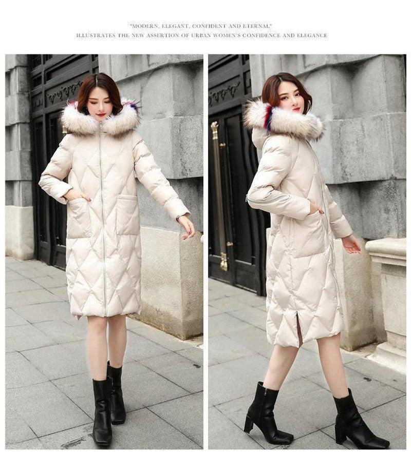 Cheky - Autumn and winter hooded fur collar long coat