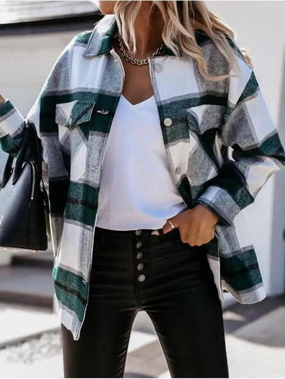 Cheky - Autumn And Winter Long-Sleeved Plaid Shirt Jacket Women