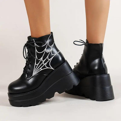 Cheky - Black Martin Boots Fashion Spider Web Print Shoes Chunky Heel Boots For Women