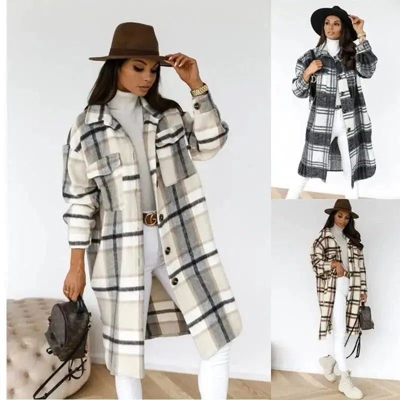 Cheky - Button lapel casual warm plaid long woolen coat