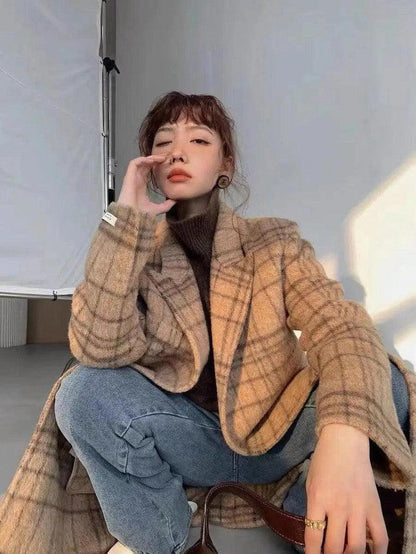 Cheky - Checked Double-sided Wool Coat For Women Long Knee-length