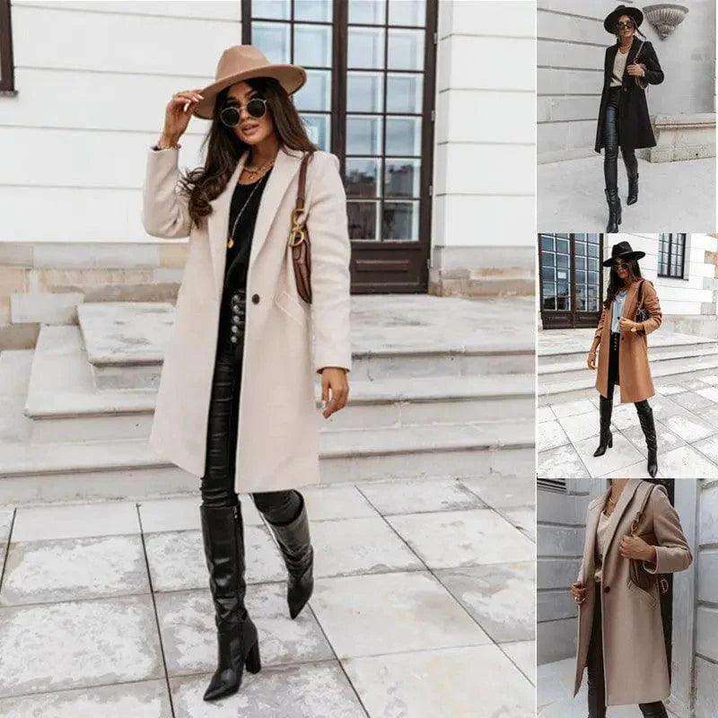 Cheky - Chic Lapel Mid-Length Button Wool Coat