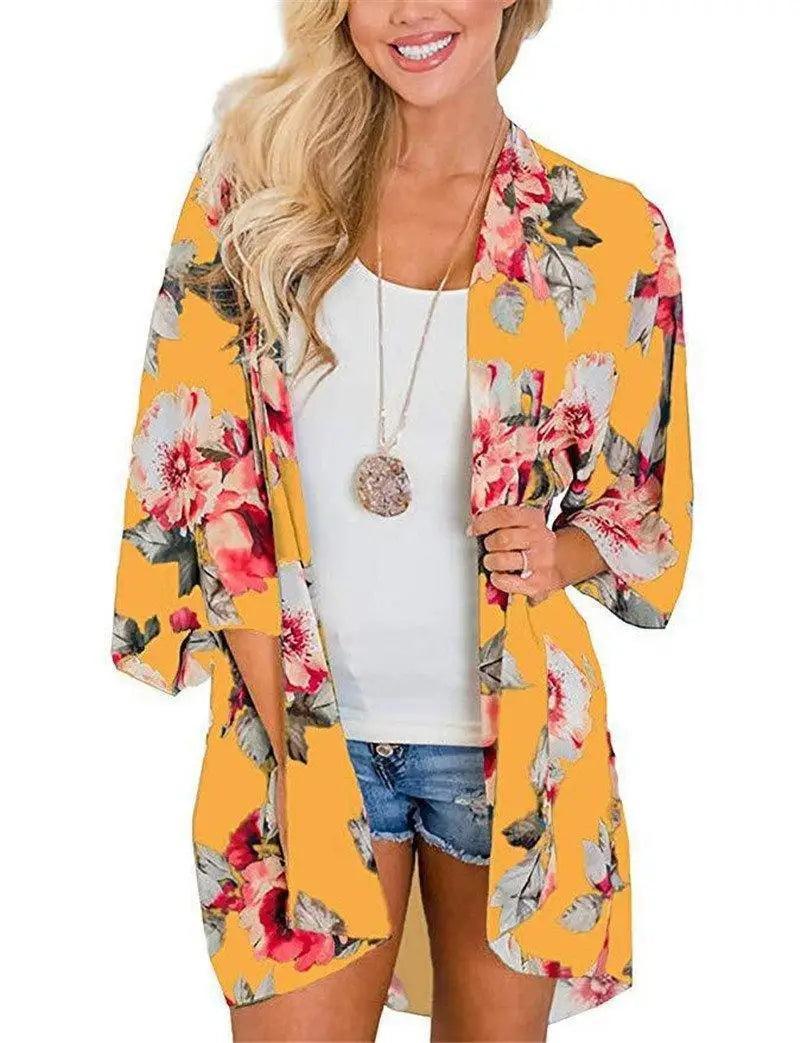 Cheky - Chiffon Printed Cardigan Sunscreen Long Kimono Bikini Blouse