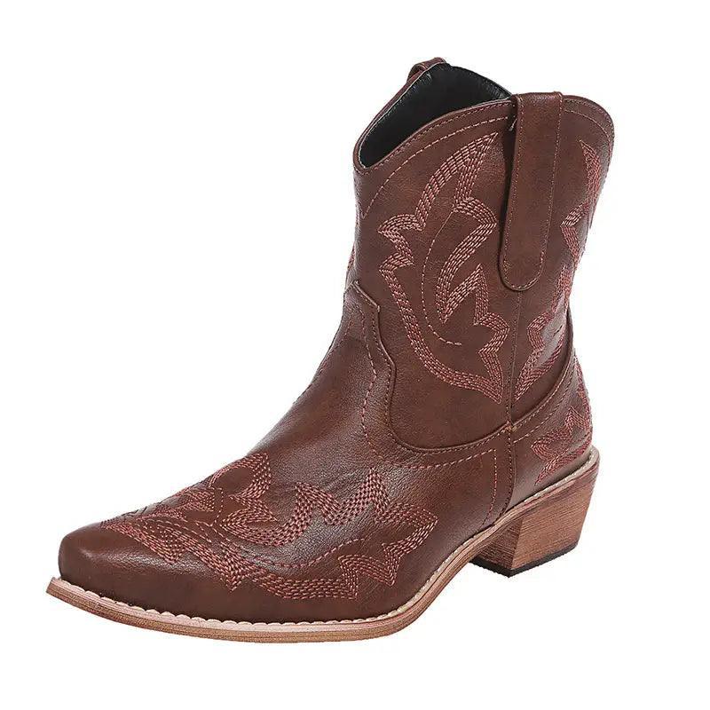 Cheky - Cowboy Boots Women Embroidery Wedge Heel Shoes Western Cowgirl Boots