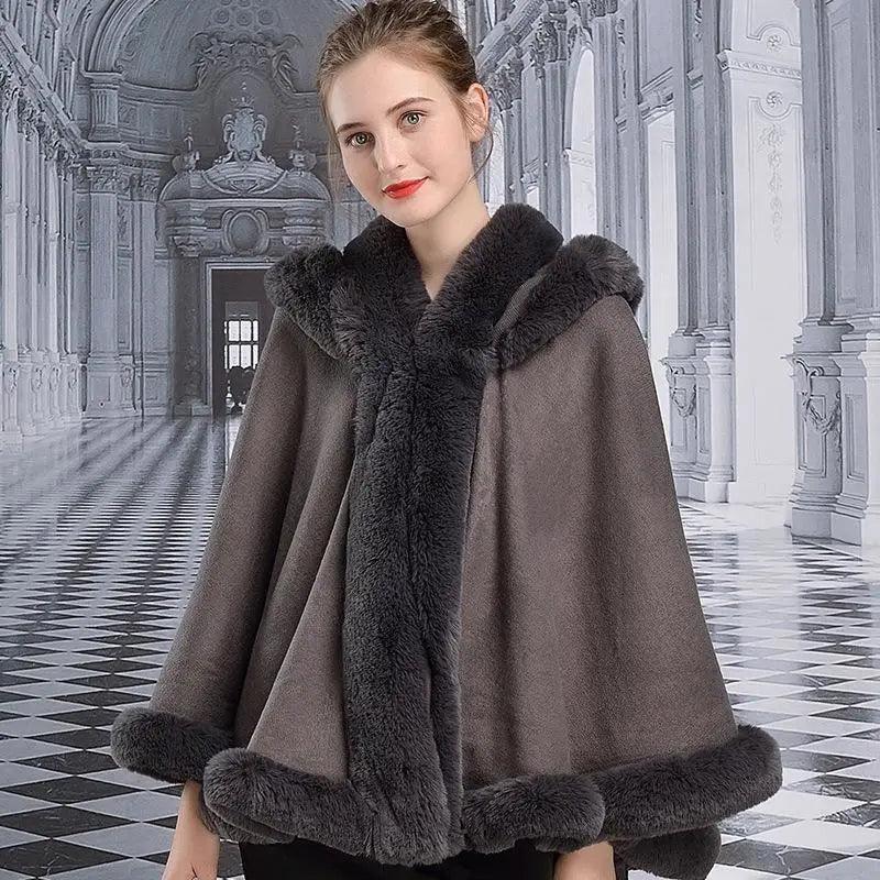 Cheky - Double-layer Hooded Cloak New Style Rex Rabbit Fur Collar