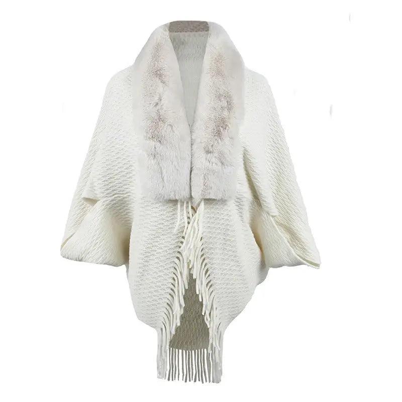 Cheky - Drizzling Fur Collar Knitted Tassel Cape Coat Women