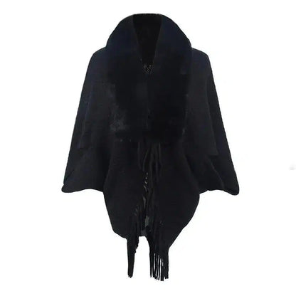 Cheky - Drizzling Fur Collar Knitted Tassel Cape Coat Women