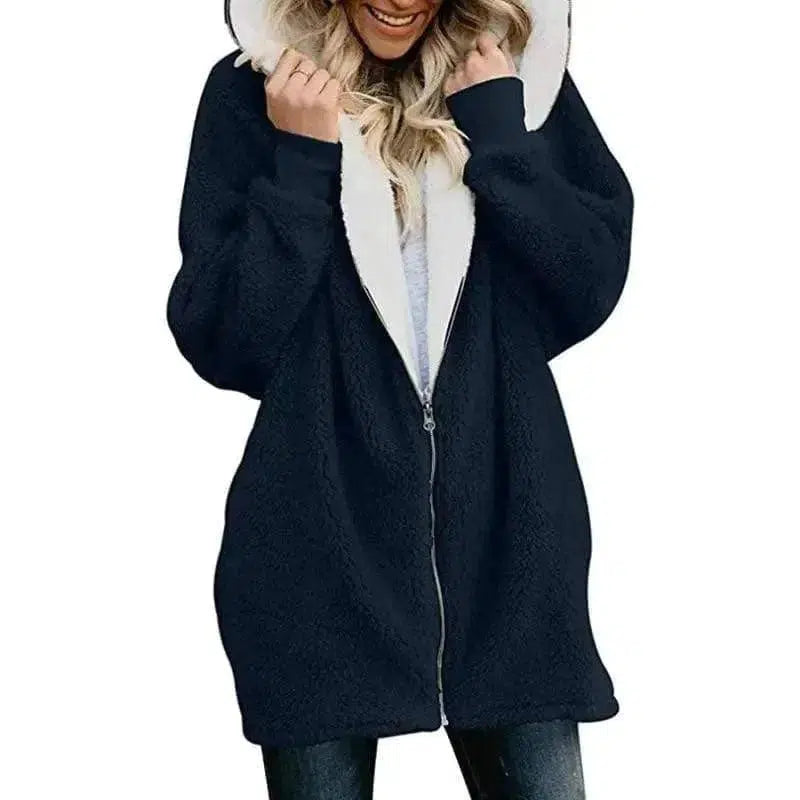 Cheky - Hooded zipper cardigan fur coat plush sweater