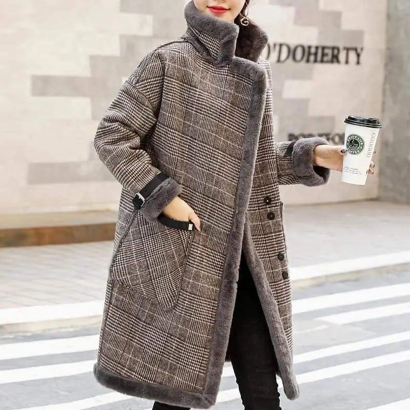 Cheky - Korean temperament plus velvet thick mid-length woolen coat