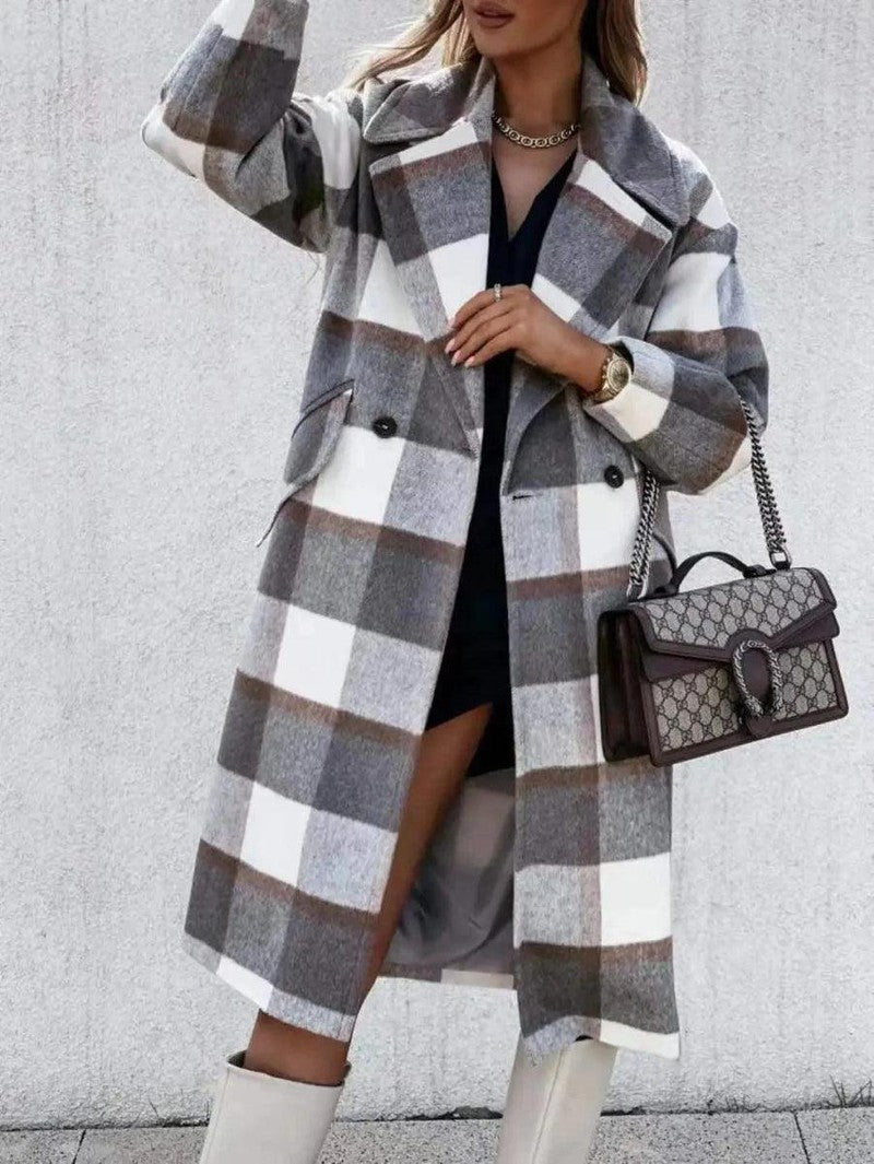 Cheky - Lapel Thick Loose Plaid Woolen Coat Jacket