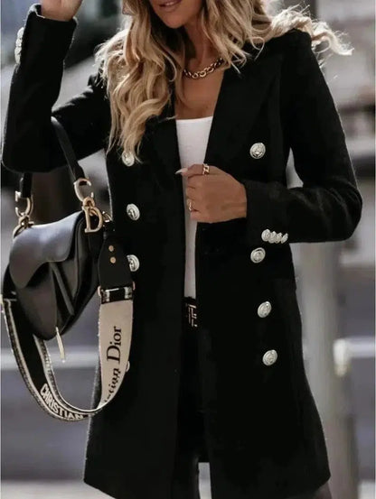 Cheky - Long-sleeve Blazer-collar Double-breasted Nizi Coat