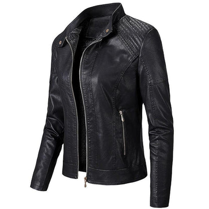 Cheky - Long Sleeve Ladies Leather Jacket Pu Leather Women Short