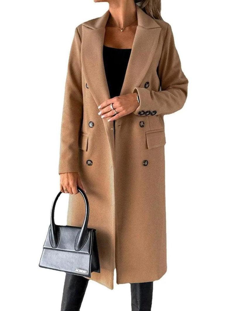 Cheky - Long Sleeve Lapel Solid Double Breasted Slim Coat Coat