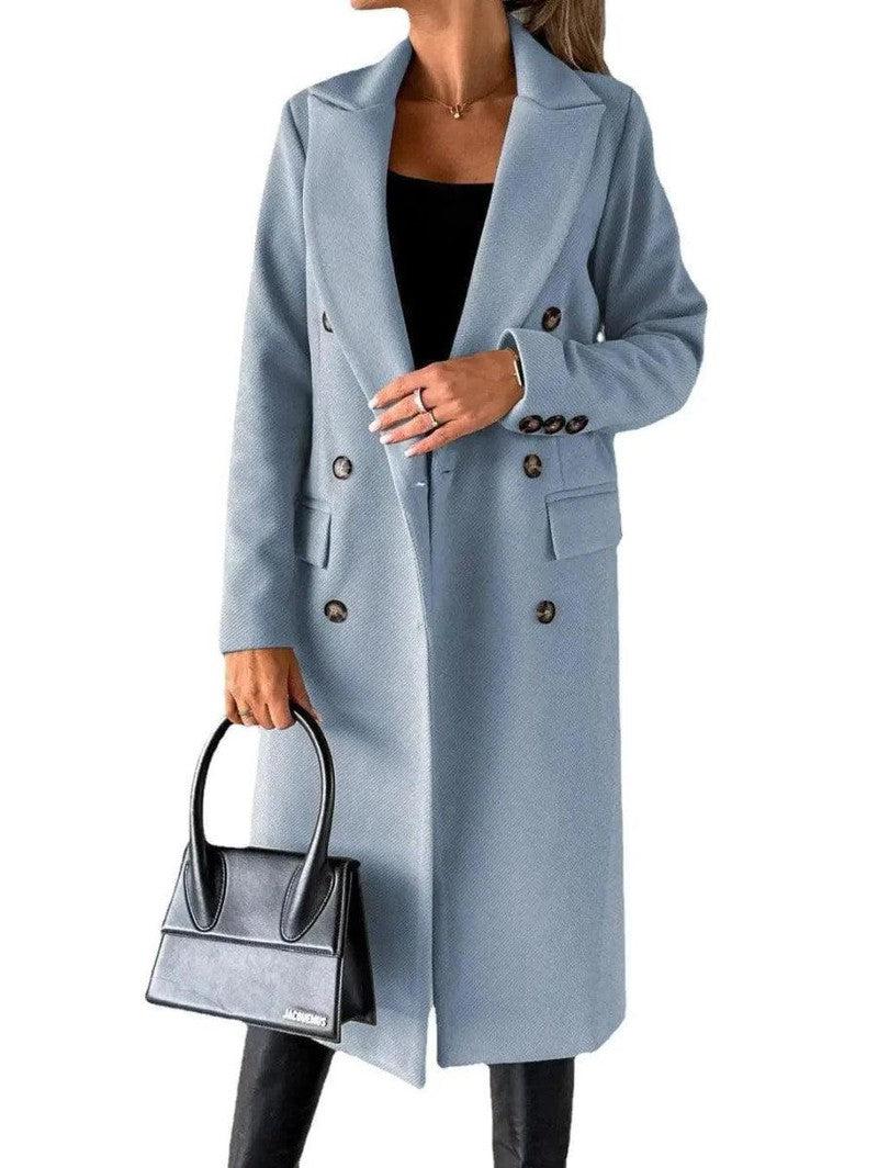 Cheky - Long Sleeve Lapel Solid Double Breasted Slim Coat Coat