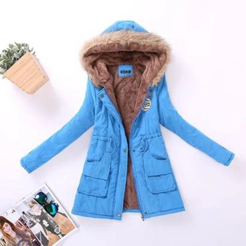 Cheky - Long Women's Cotton-Padded Jacket With Wool Collar