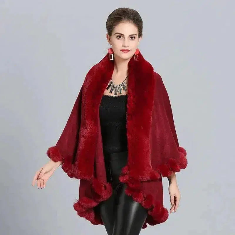 Cheky - Loose Fox Fur Collar Double-layer Knitted Shawl Cloak Coat