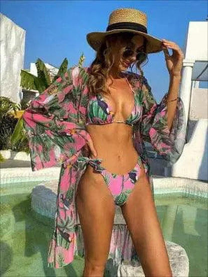 Cheky - Tropical Triangle Bikini Swimsuit Kimono