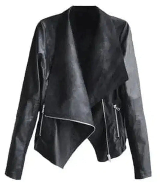 Cheky - Women's Lapel PU Leather Jacket with Side Zipper