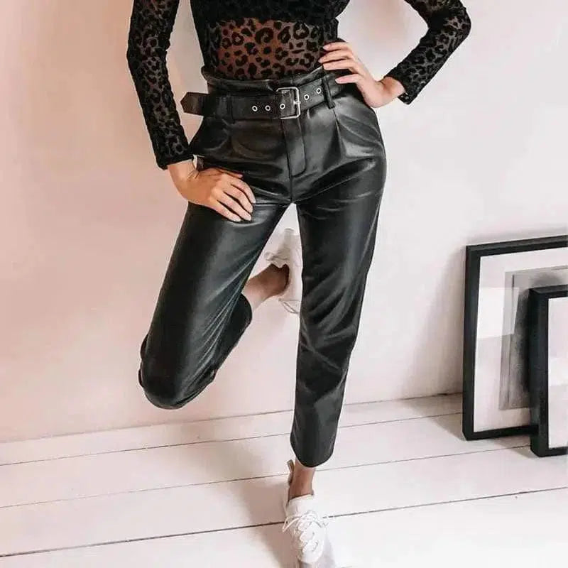 Cheky - Personality belt casual leather pants