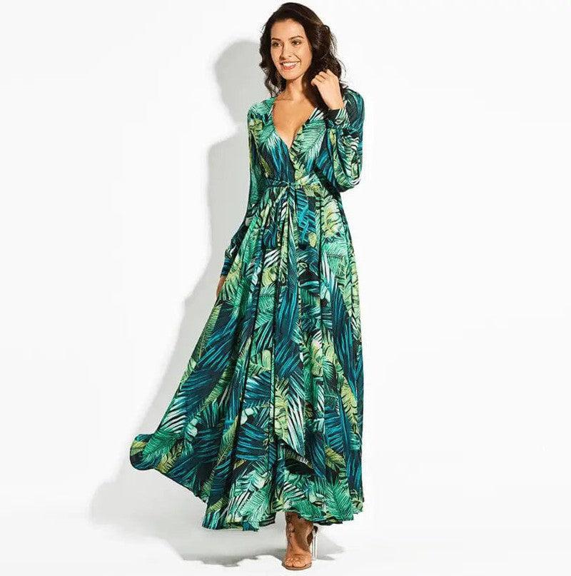 Cheky - New Lantern Sleeve V-neck Green Leaf Print Sk