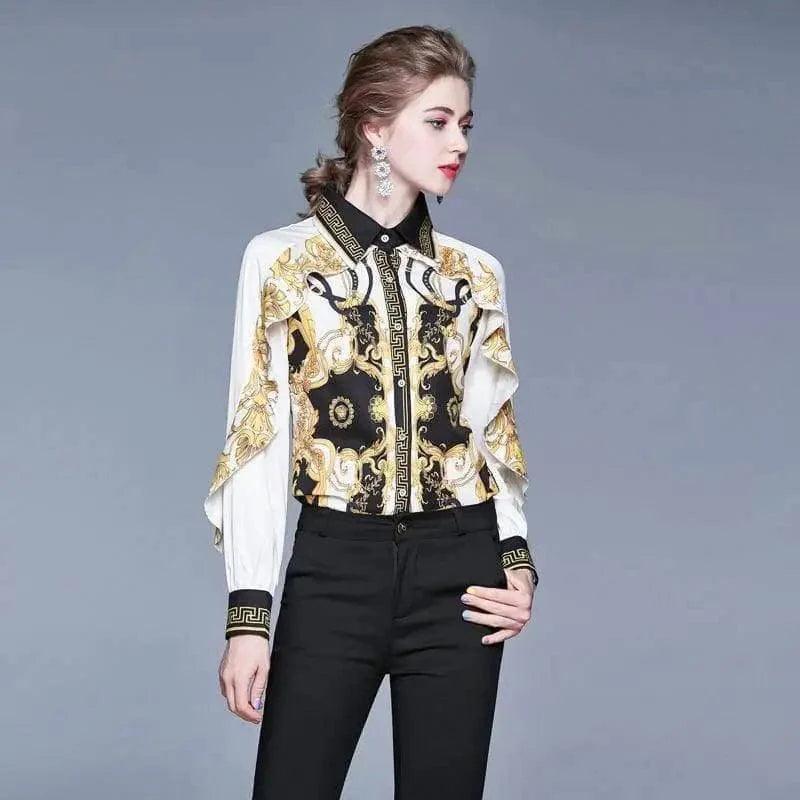 Cheky - New Retro Palace Print Ruffled Slim-fit Fashion Print Shirt