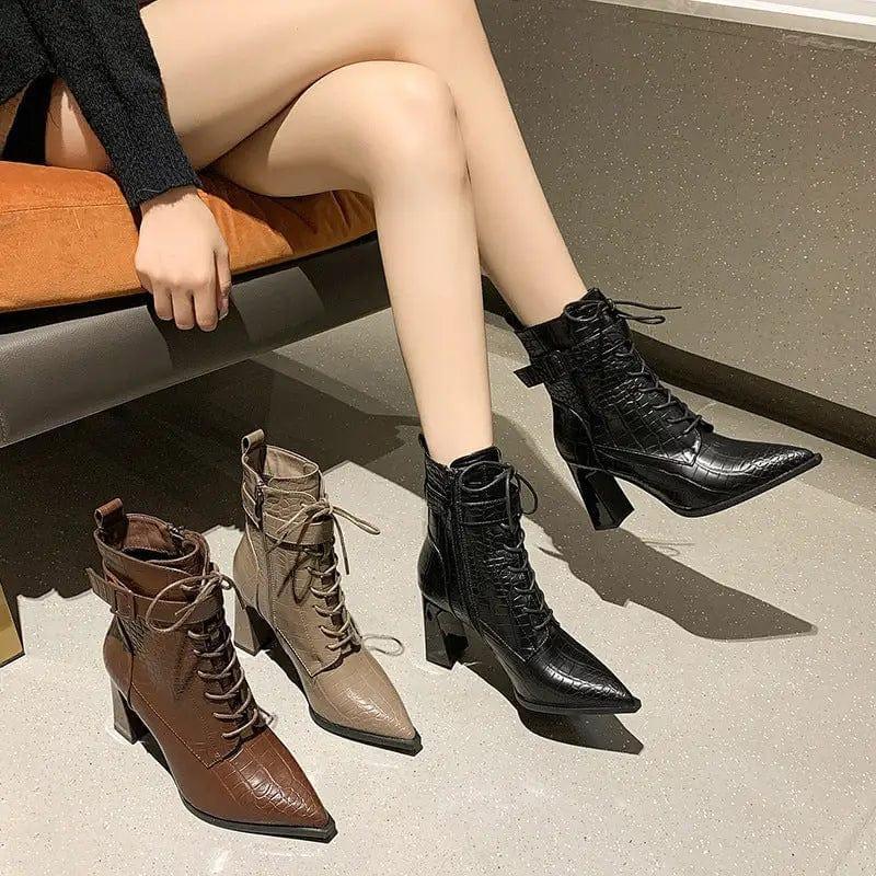 Cheky - Pointed-toe Boots Winter Alligator Pattern Lace-up Shoes Women