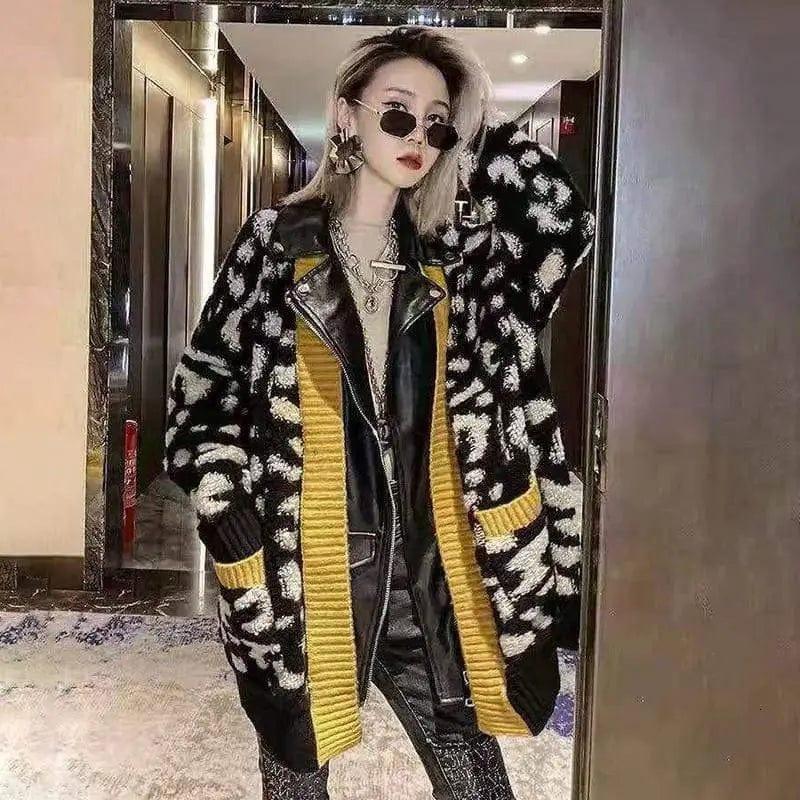 Cheky - PU leather lapel leopard sweater coat