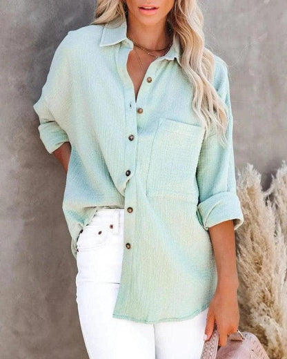 Cheky - Simple Long Sleeve V Neck Button Ladies Cotton Linen Shirt