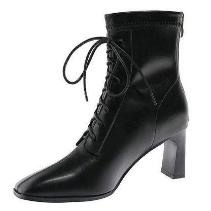 Cheky - Square Toe High Heel Boots PU Leather Women Ankle Boots