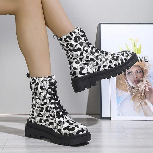 Cheky - Women Martin Boots Black White Leopard Print Low Heel Shoes Cowgirl Boots