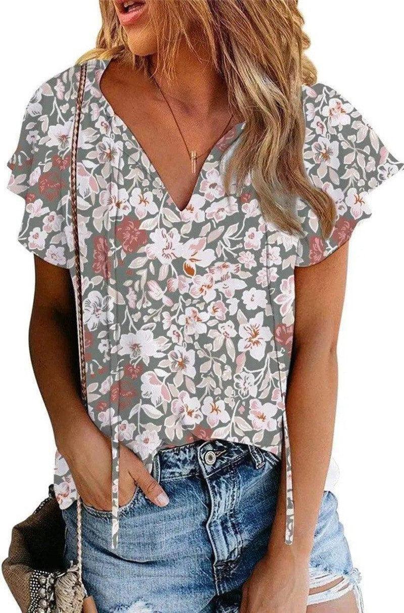 Cheky - Women's Casual Short-sleeved Loose Print V-neck Shirt Top