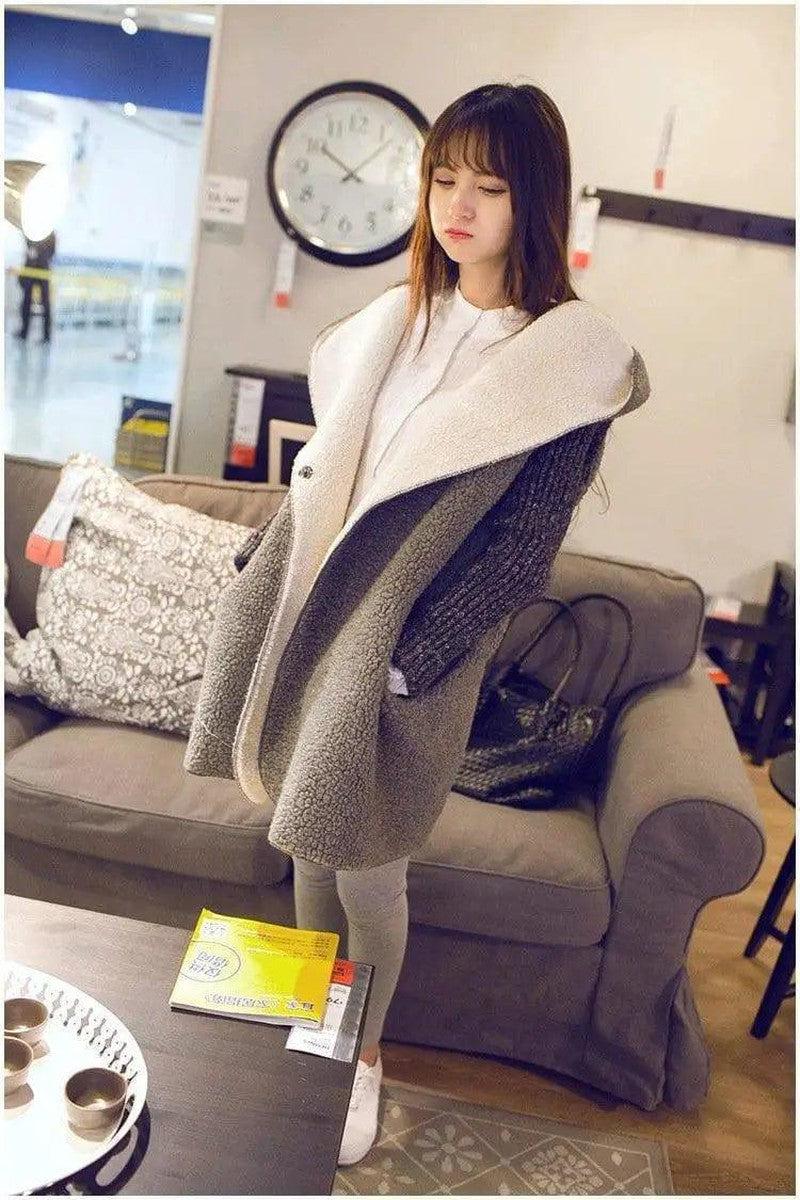 Cheky - Wool stitching hooded lamb cashmere coat